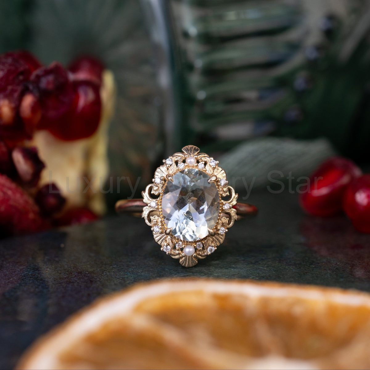 "Merrow" - Oval Cut Prasiolite Engagement Ring With Pearl Accents And Diamond Tracer - image 26