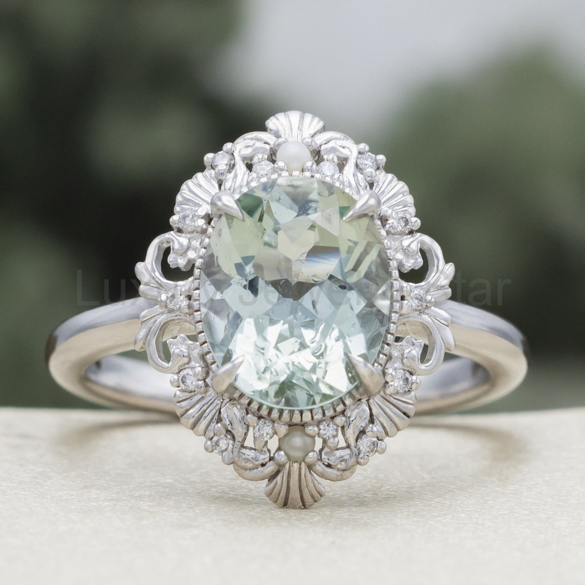 "Merrow" - Oval Cut Prasiolite Engagement Ring With Pearl Accents And Diamond Tracer - image 3