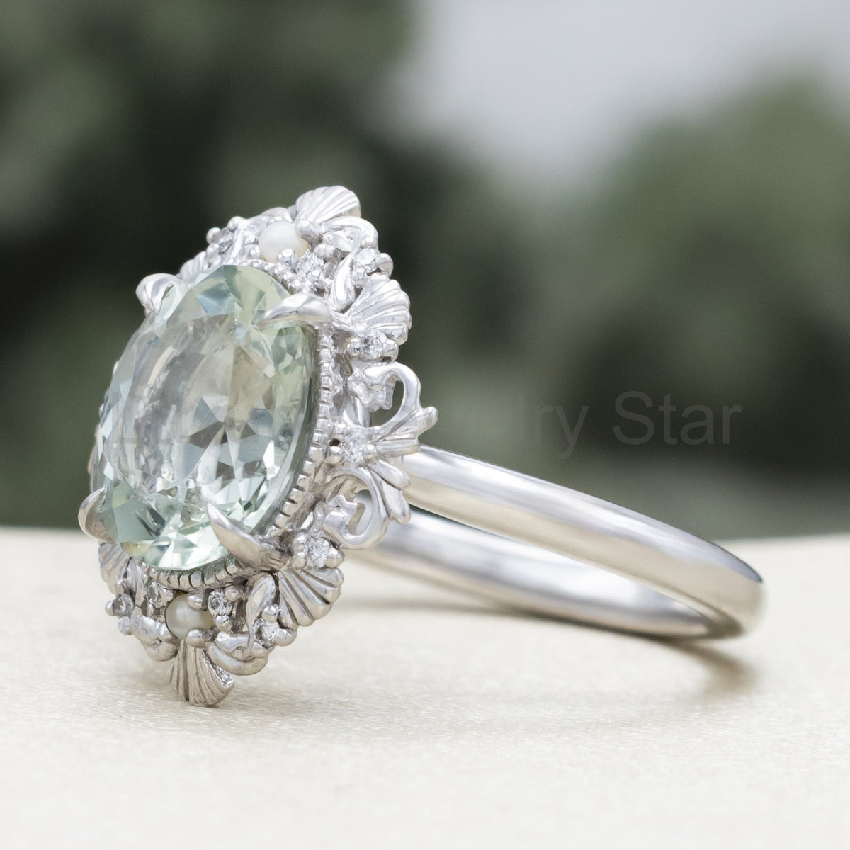 "Merrow" - Oval Cut Prasiolite Engagement Ring With Pearl Accents And Diamond Tracer - image 5