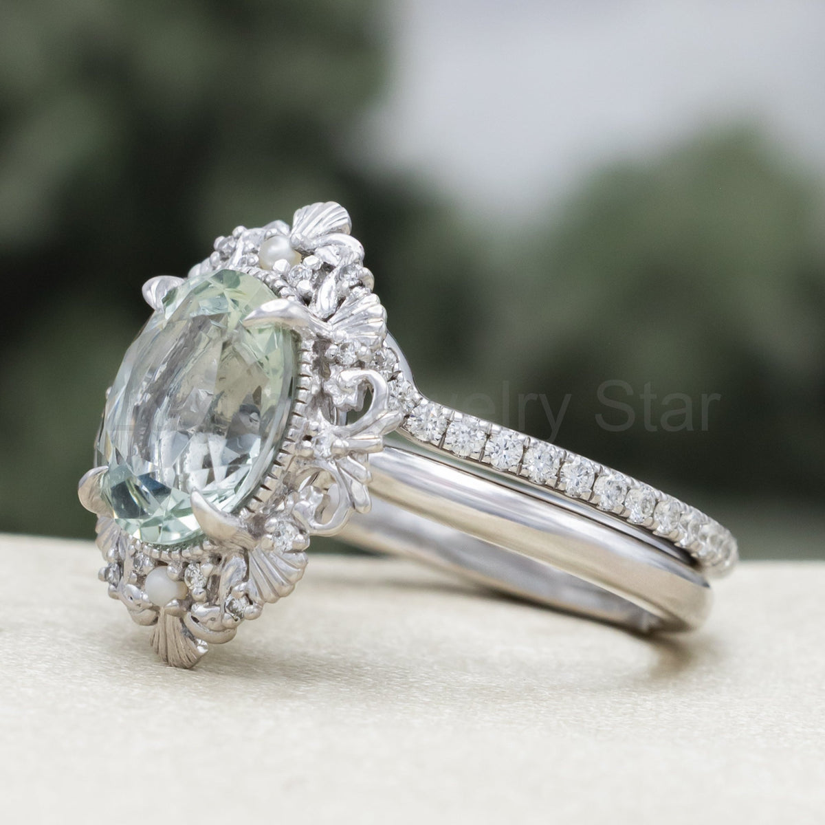"Merrow" - Oval Cut Prasiolite Engagement Ring With Pearl Accents And Diamond Tracer - image 6