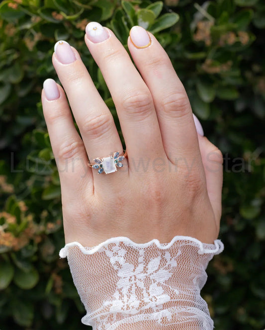 "Moonshadow" - Emerald Cut Moonstone Engagement Ring With Green Tourmaline & Aquamarine - image 2
