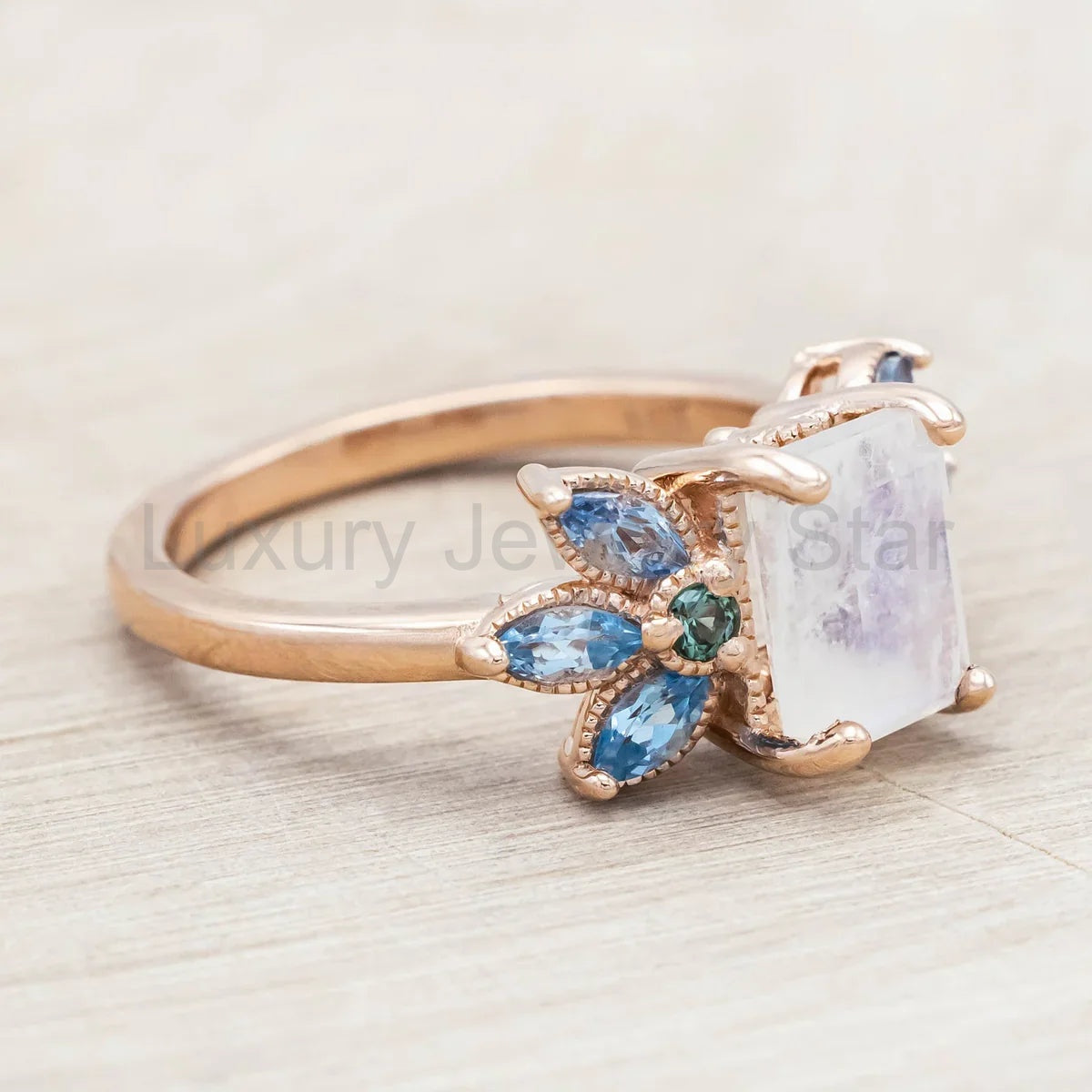 "Moonshadow" - Emerald Cut Moonstone Engagement Ring With Green Tourmaline & Aquamarine - image 4
