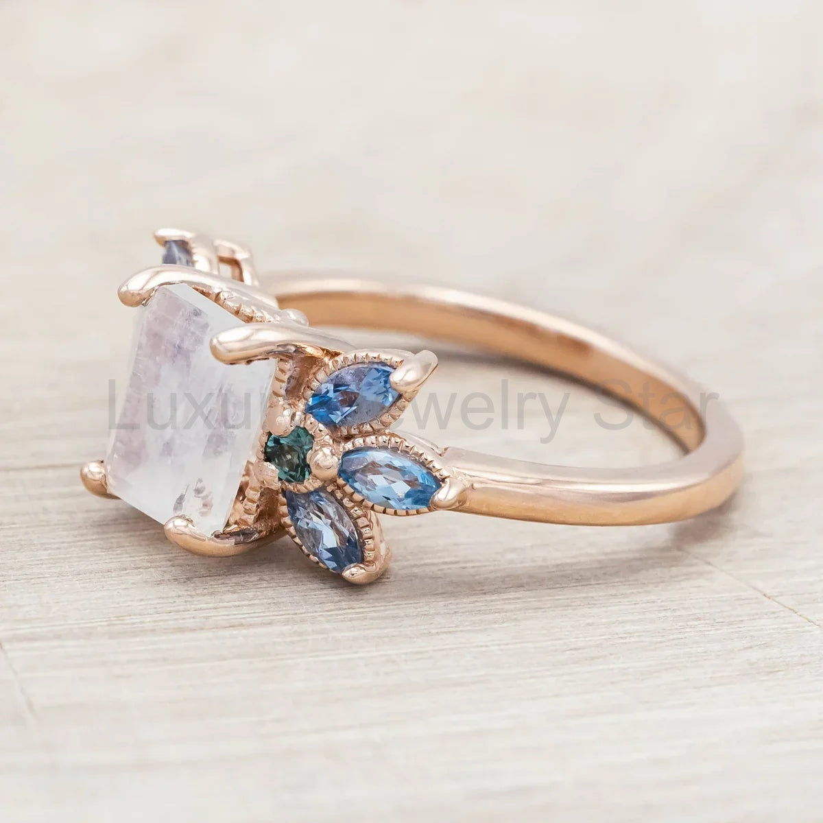 "Moonshadow" - Emerald Cut Moonstone Engagement Ring With Green Tourmaline & Aquamarine - image 5
