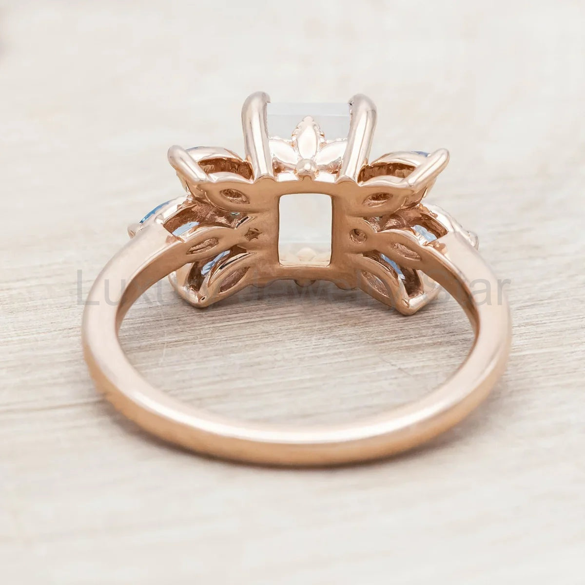 "Moonshadow" - Emerald Cut Moonstone Engagement Ring With Green Tourmaline & Aquamarine - image 7