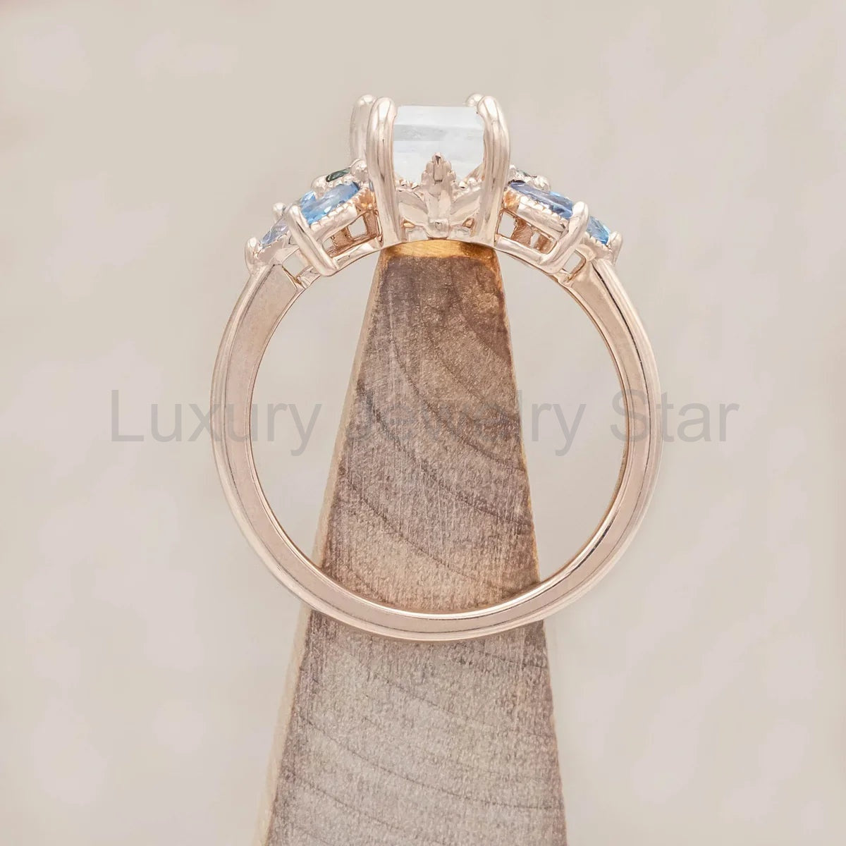 "Moonshadow" - Emerald Cut Moonstone Engagement Ring With Green Tourmaline & Aquamarine - image 8