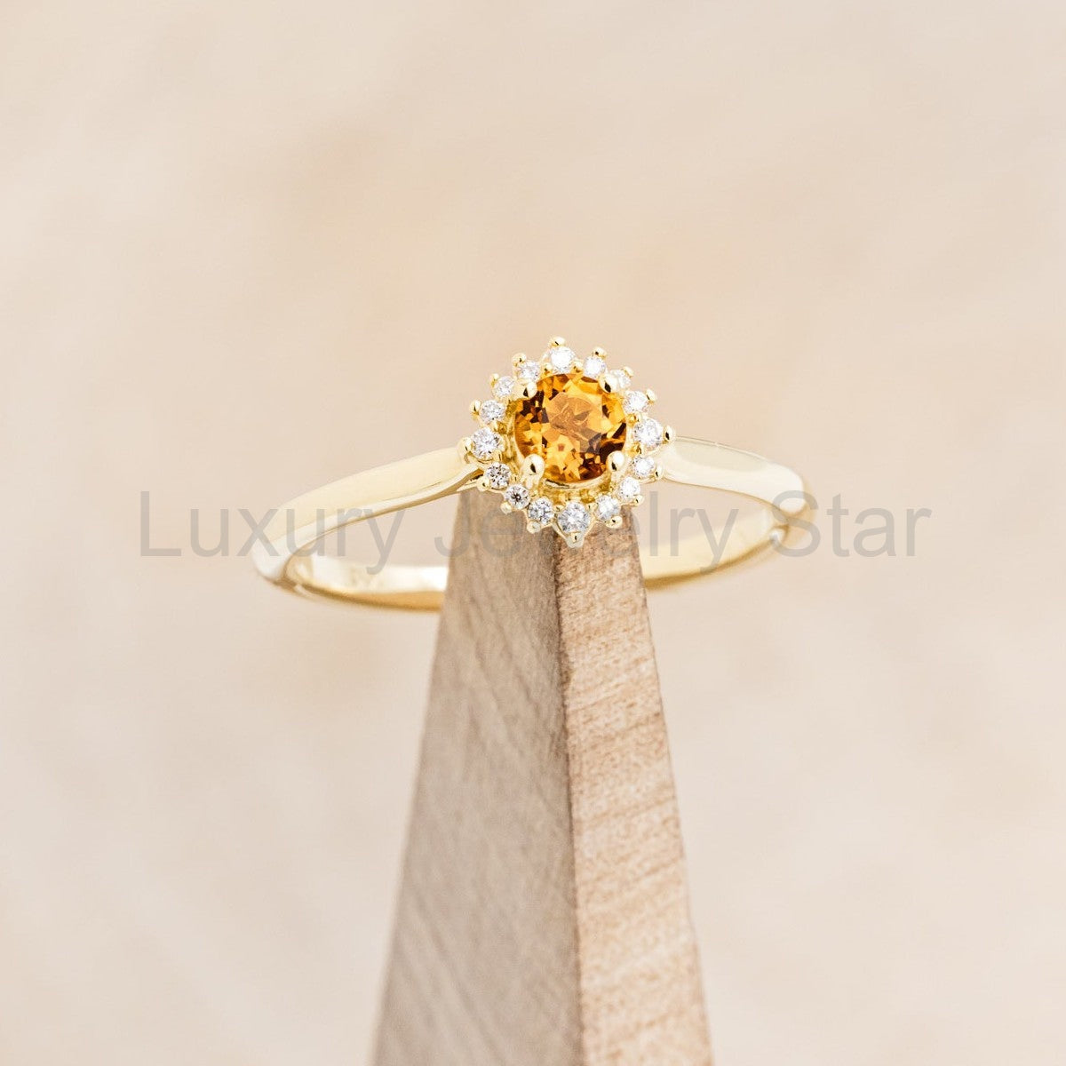"Myall" - Round Cut Citrine Dainty Engagement Ring With Diamond Halos - 14K Yellow Gold - Size 6