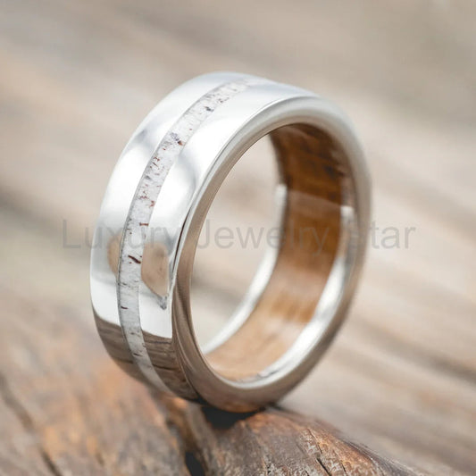 "Nirvana" - Antler Wedding Ring Featuring A Whiskey Barrel Lined Band - Titanium (8mm) - Size 10