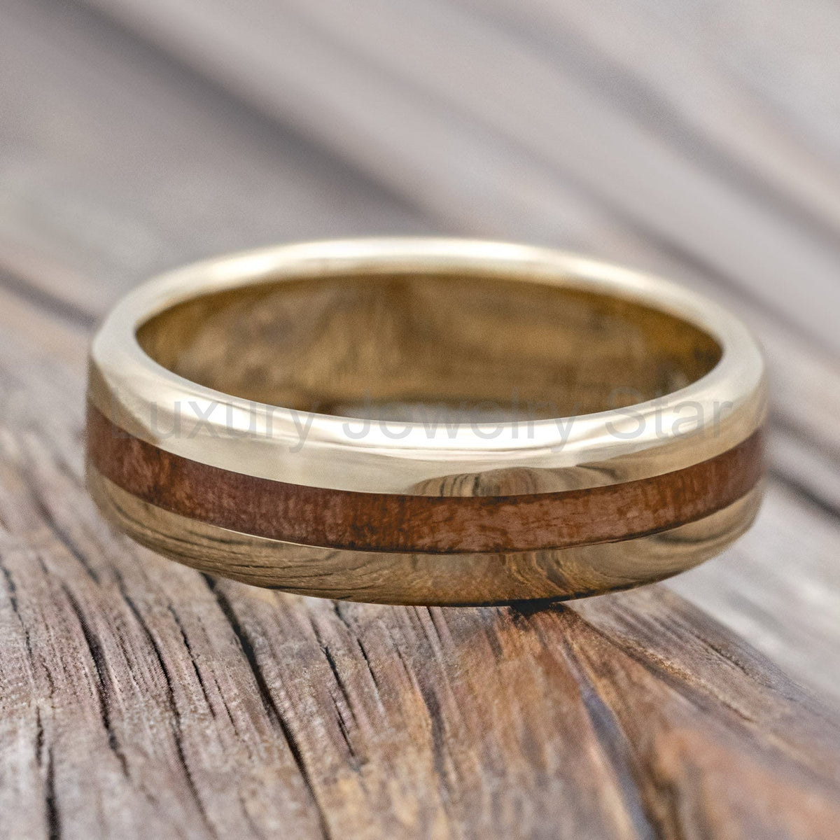 "Nirvana" - Centered Redwood Wedding Ring - 14K Yellow Gold (8mm) - Size 10 - image 3