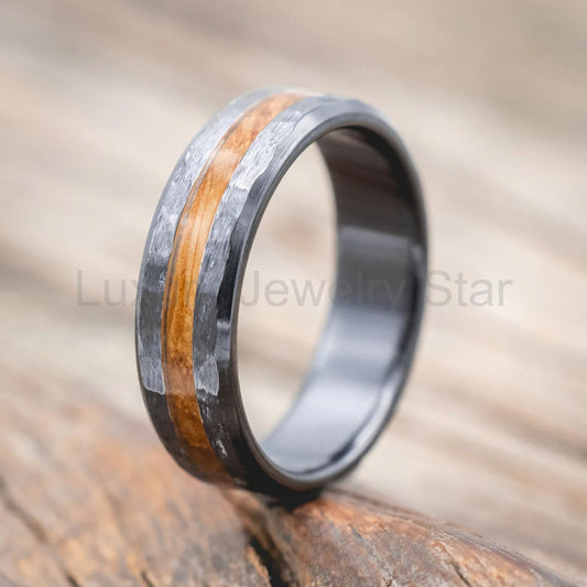 "Nirvana" - Centered Whiskey Barrel Inlay Wedding Band With Hammered Finish - Black Zirconium (6mm)