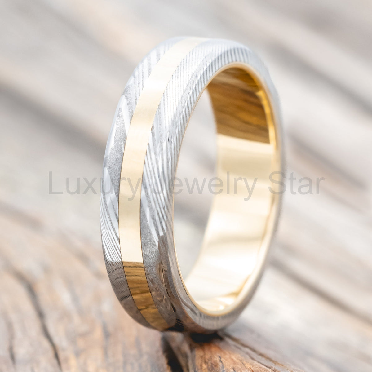 "Nirvana" - Etched Damascus Steel & 14K Gold Inlay Wedding Band - 14K Yellow Gold (6mm) - Size 10