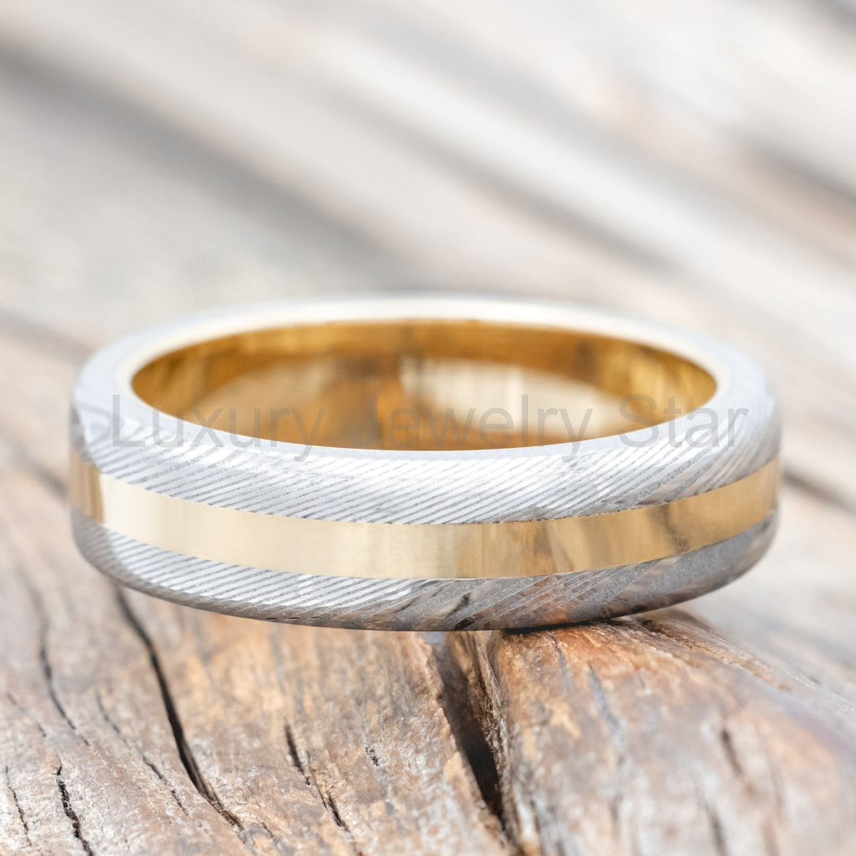 "Nirvana" - Etched Damascus Steel & 14K Gold Inlay Wedding Band - 14K Yellow Gold (6mm) - image 3