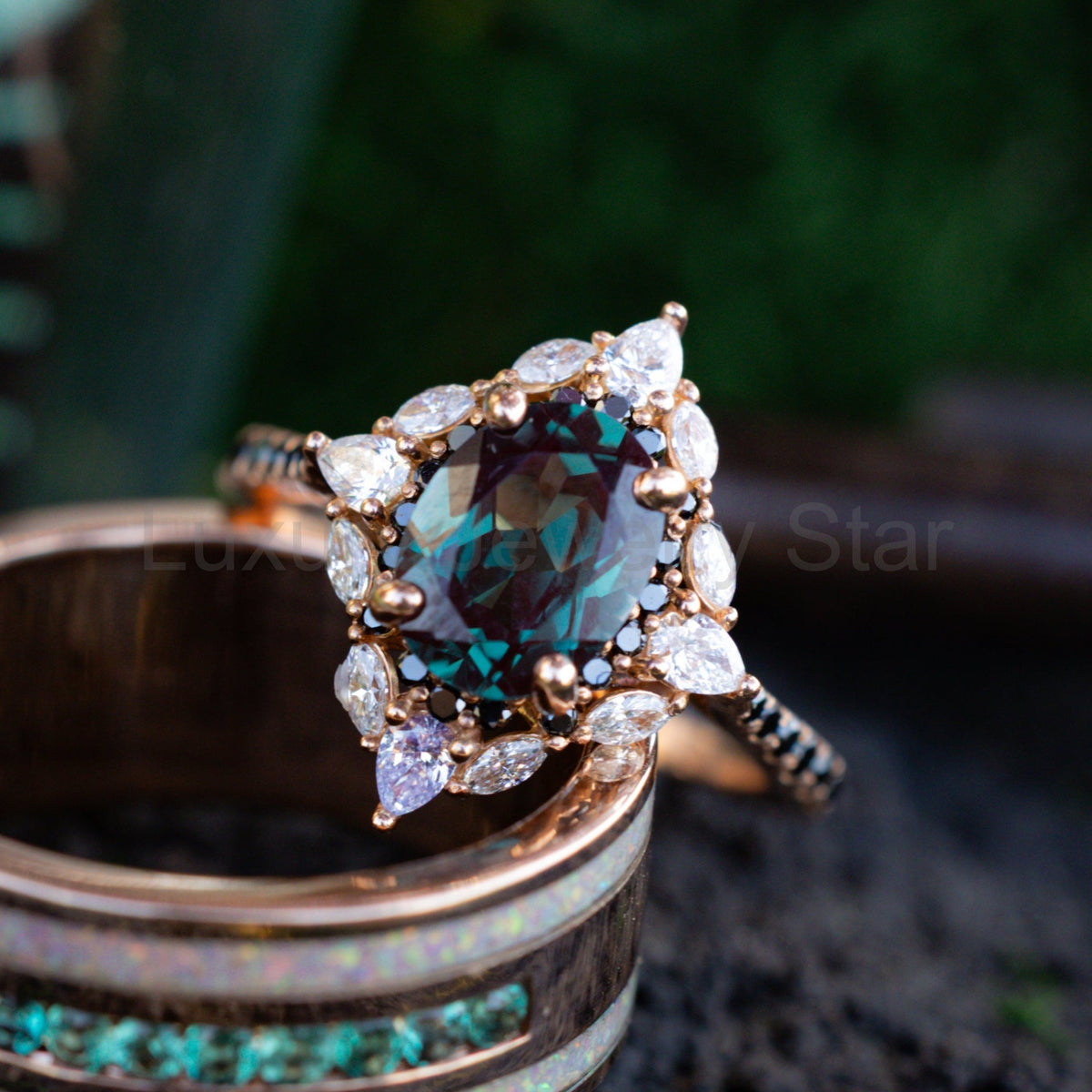 "North Star" - Lab-Grown Alexandrite Engagement Ring With Diamond Halo & Tracer