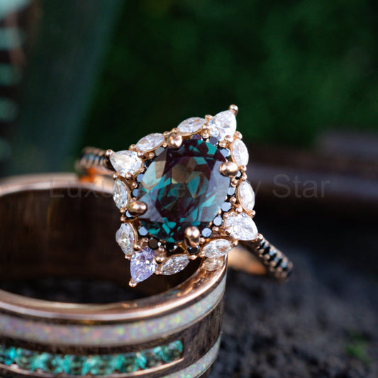 "North Star" - Lab-Grown Alexandrite Engagement Ring With Diamond Halo & Tracer