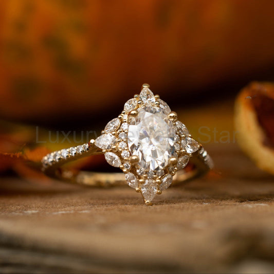"North Star" - Oval Cut Moissanite Engagement Ring With Diamond Accents & Tracer