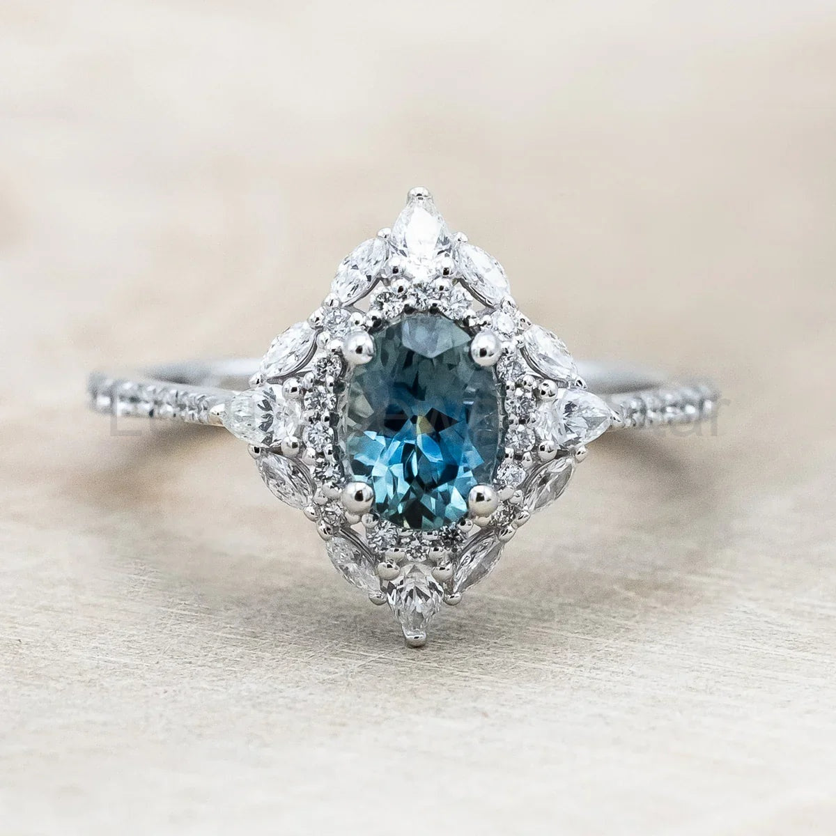 "North Star" - Oval Cut Montana Sapphire Engagement Ring With Diamond Halo & Accents - 14K - image 2