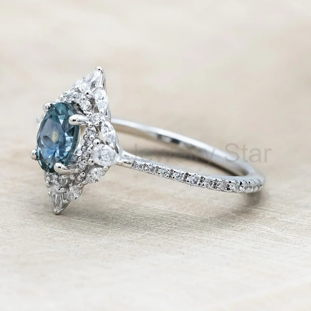 "North Star" - Oval Cut Montana Sapphire Engagement Ring With Diamond Halo & Accents - 14K - image 3