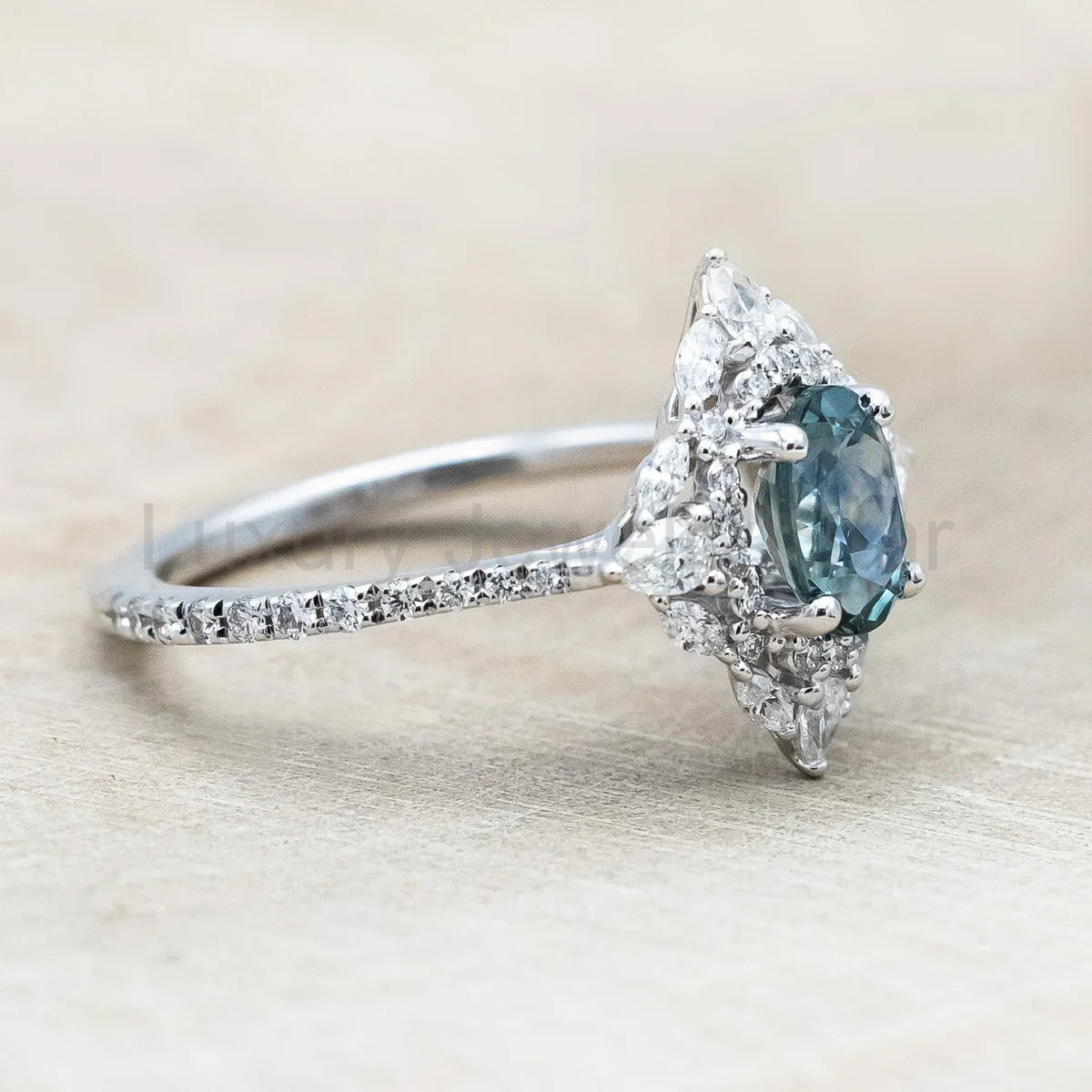 "North Star" - Oval Cut Montana Sapphire Engagement Ring With Diamond Halo & Accents - 14K - image 4