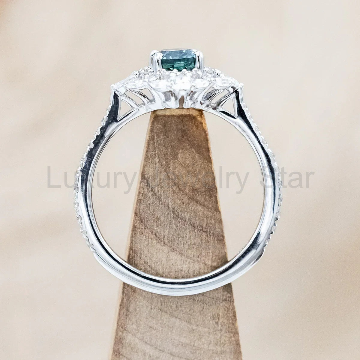 "North Star" - Oval Cut Montana Sapphire Engagement Ring With Diamond Halo & Accents - 14K - image 6