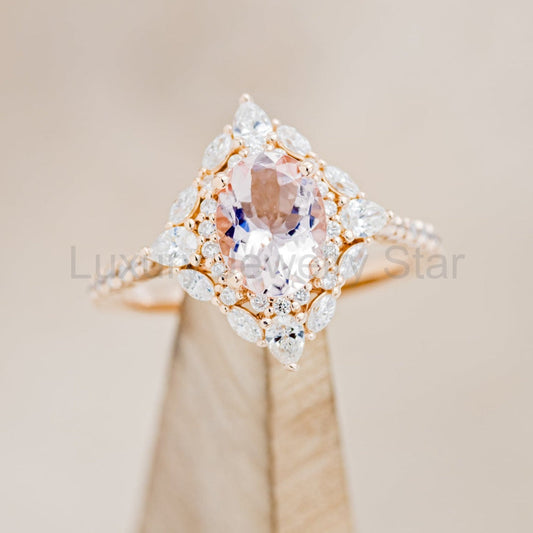 "North Star" - Oval Cut Morganite Engagement Ring With Diamond Halo & Accents
