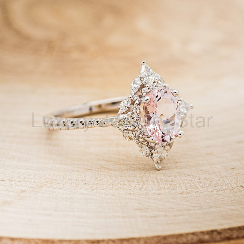 "North Star" - Oval Cut Morganite Engagement Ring With Diamond Halo & Accents - image 10