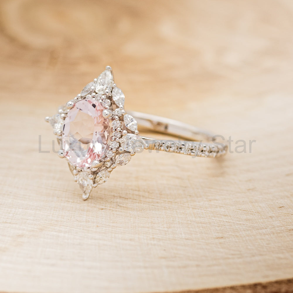 "North Star" - Oval Cut Morganite Engagement Ring With Diamond Halo & Accents - image 11
