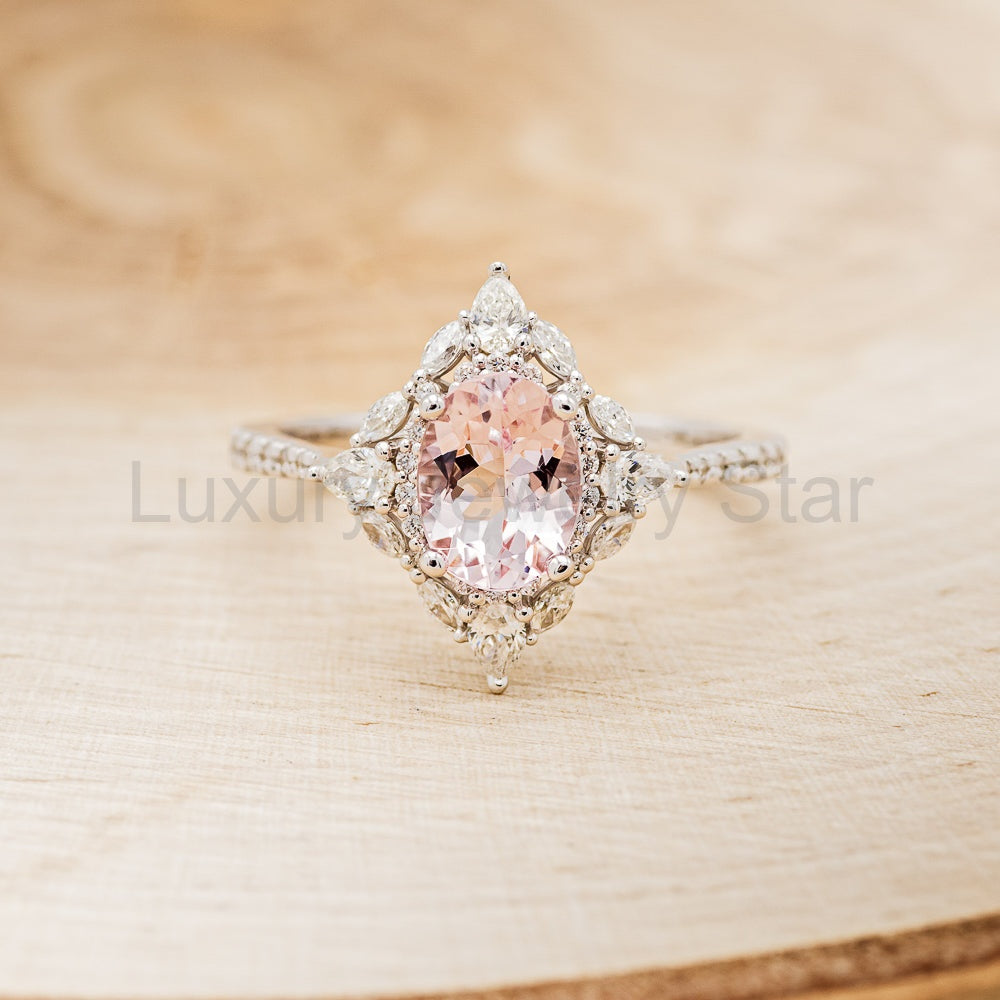 "North Star" - Oval Cut Morganite Engagement Ring With Diamond Halo & Accents - image 12