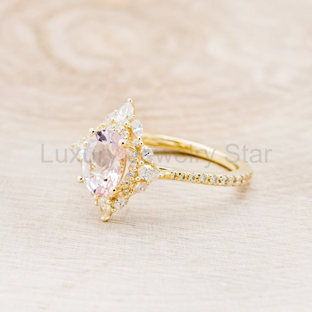 "North Star" - Oval Cut Morganite Engagement Ring With Diamond Halo & Accents - image 18