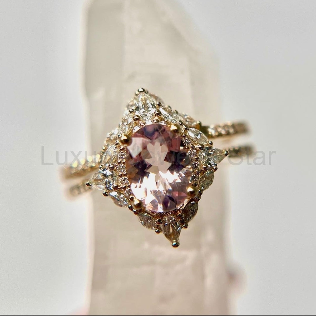 "North Star" - Oval Cut Morganite Engagement Ring With Diamond Halo & Accents - image 22