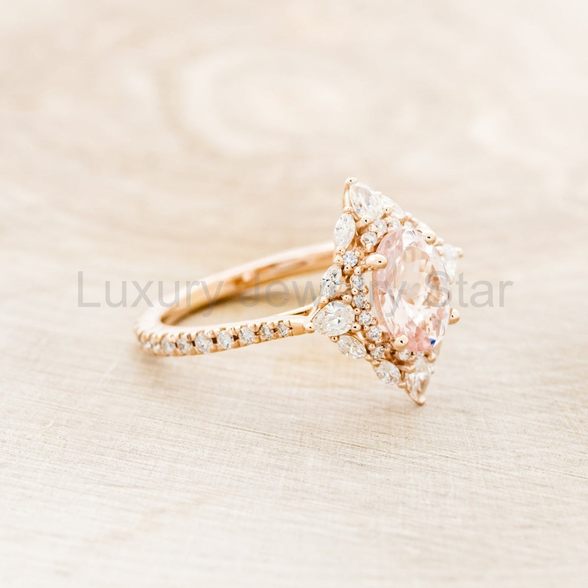 "North Star" - Oval Cut Morganite Engagement Ring With Diamond Halo & Accents - image 3