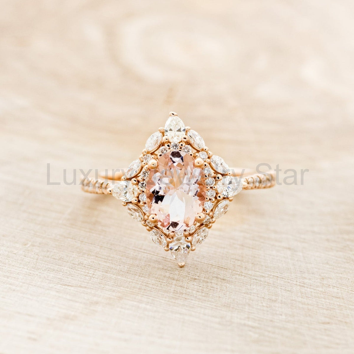 "North Star" - Oval Cut Morganite Engagement Ring With Diamond Halo & Accents - image 5