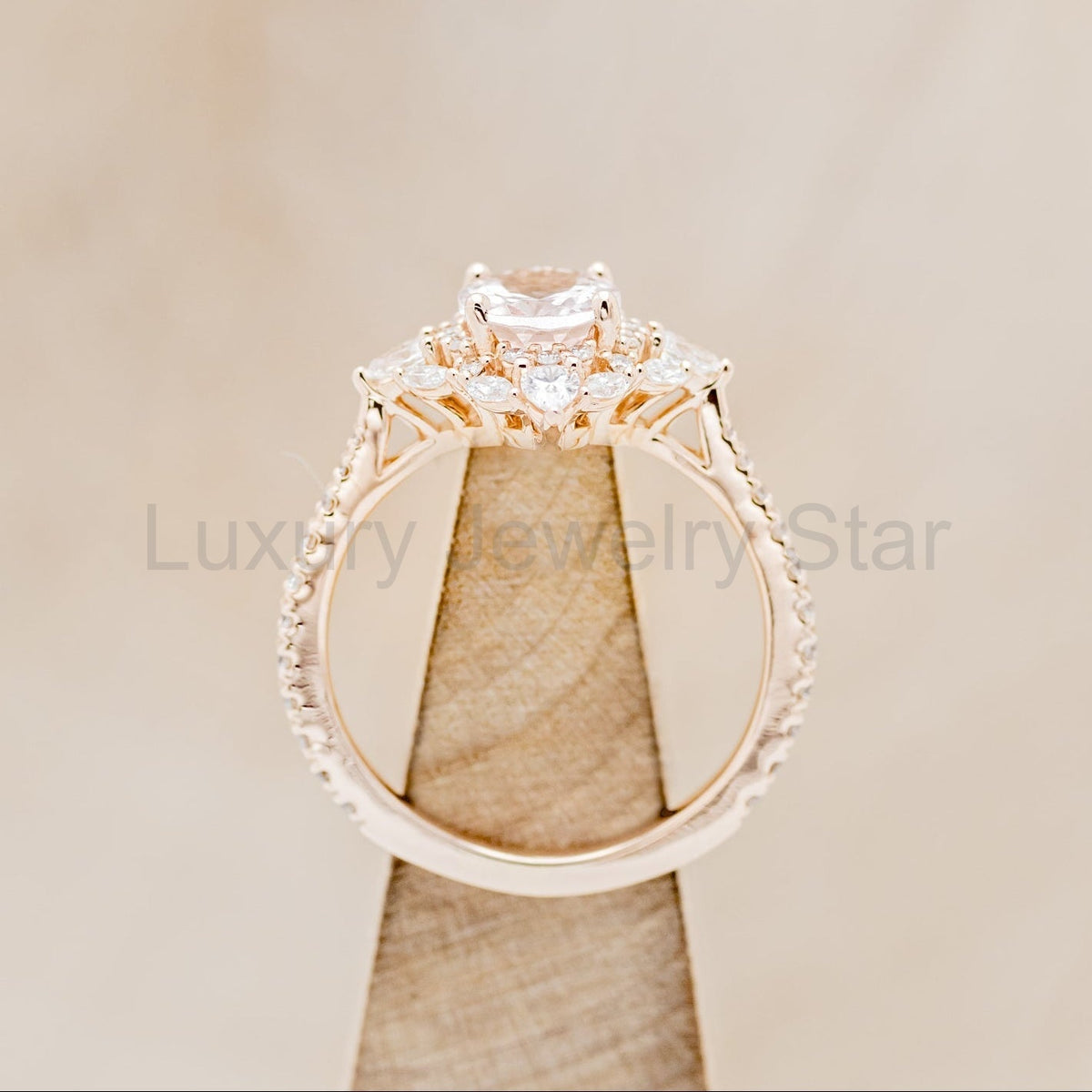 "North Star" - Oval Cut Morganite Engagement Ring With Diamond Halo & Accents - image 7