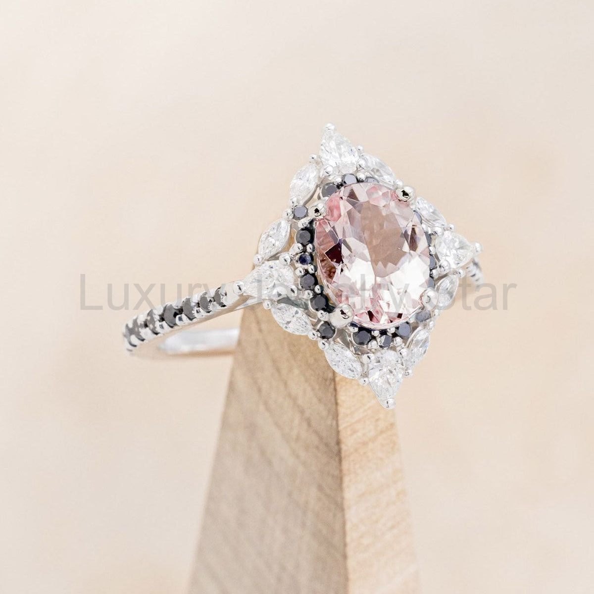 "North Star" - Oval Cut Morganite Engagement Ring With Diamond Halo & Accents - image 9