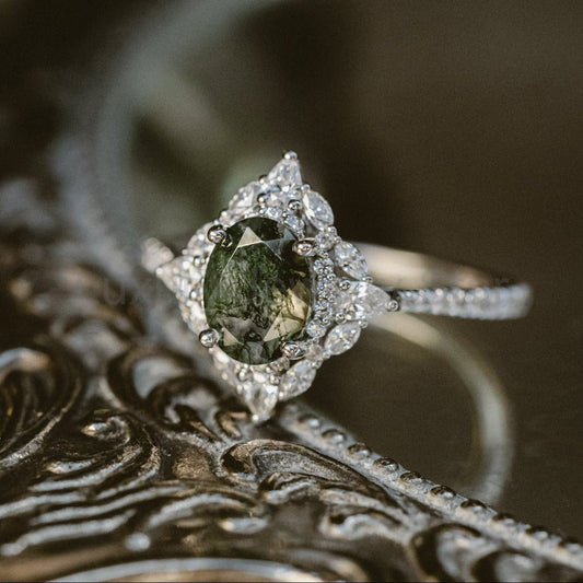 "North Star" - Oval Cut Moss Agate Engagement Ring With A Diamond Tracer