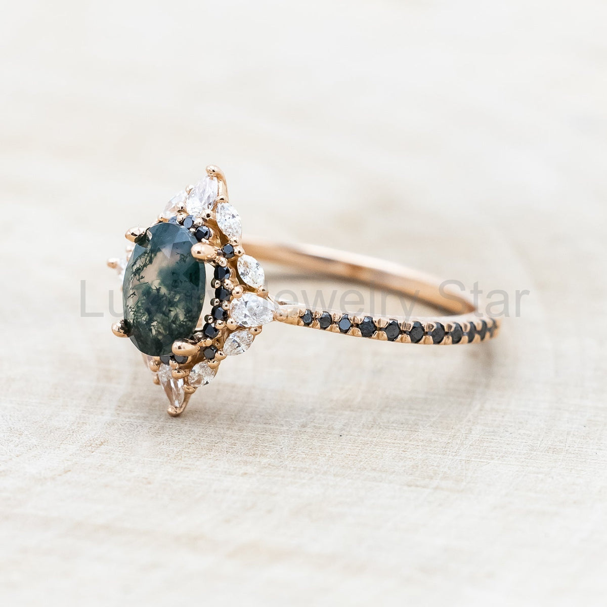 "North Star" - Oval Cut Moss Agate Engagement Ring With A Diamond Tracer - image 13