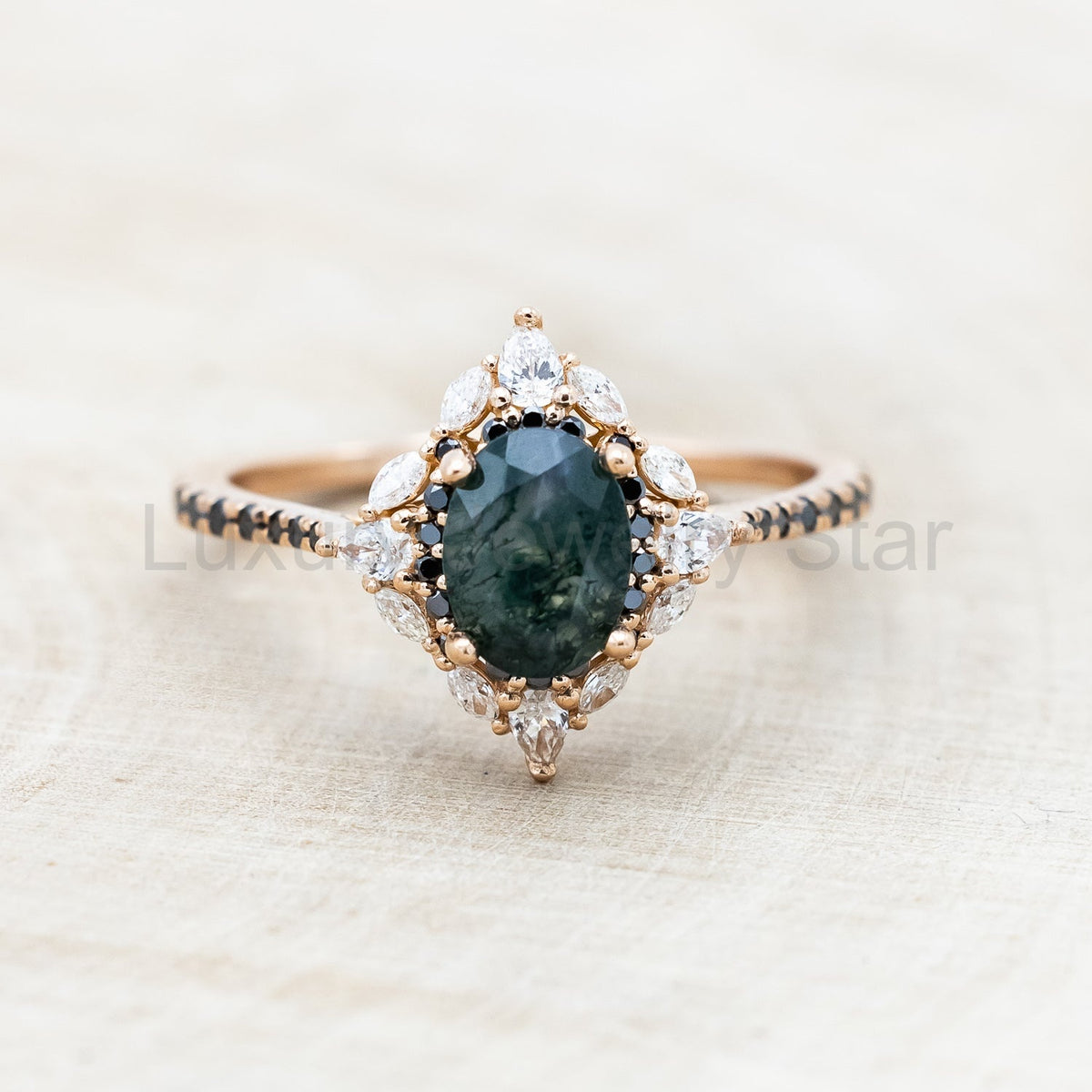 "North Star" - Oval Cut Moss Agate Engagement Ring With A Diamond Tracer - image 14