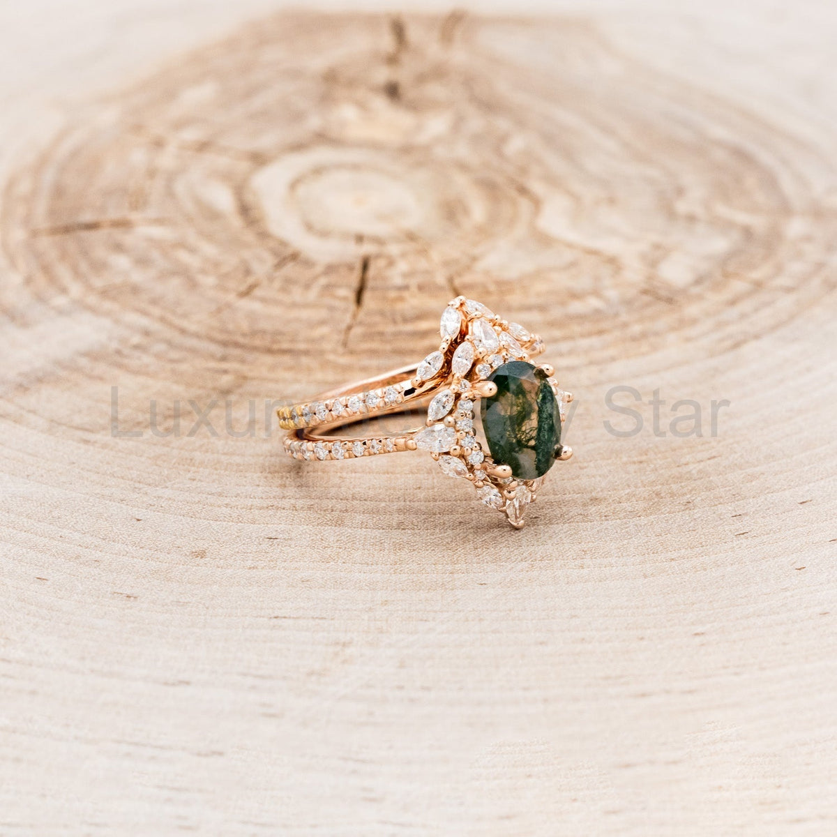 "North Star" - Oval Cut Moss Agate Engagement Ring With A Diamond Tracer - image 17