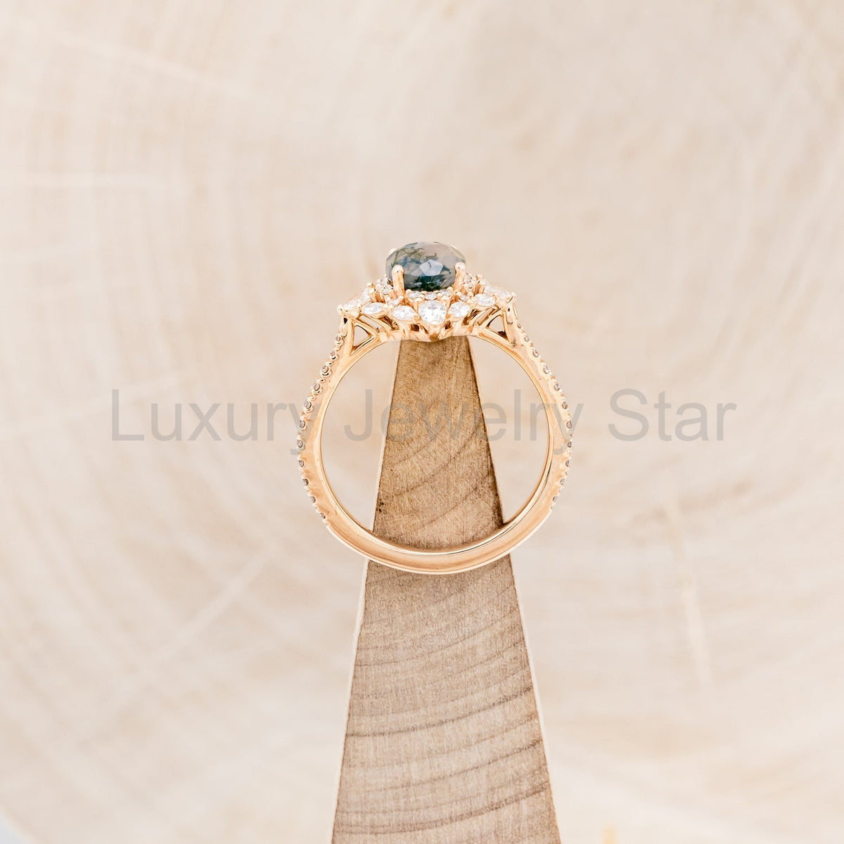 "North Star" - Oval Cut Moss Agate Engagement Ring With A Diamond Tracer - image 21