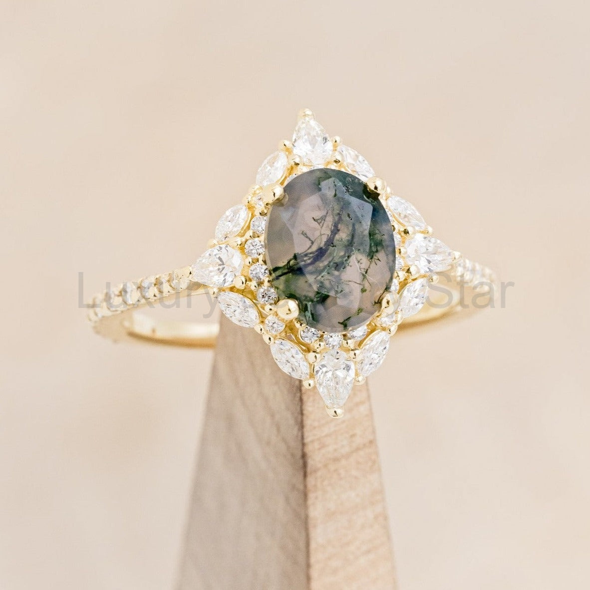 "North Star" - Oval Cut Moss Agate Engagement Ring With A Diamond Tracer - image 22