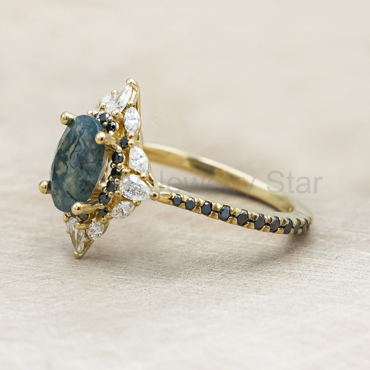 "North Star" - Oval Cut Moss Agate Engagement Ring With A Diamond Tracer - image 25