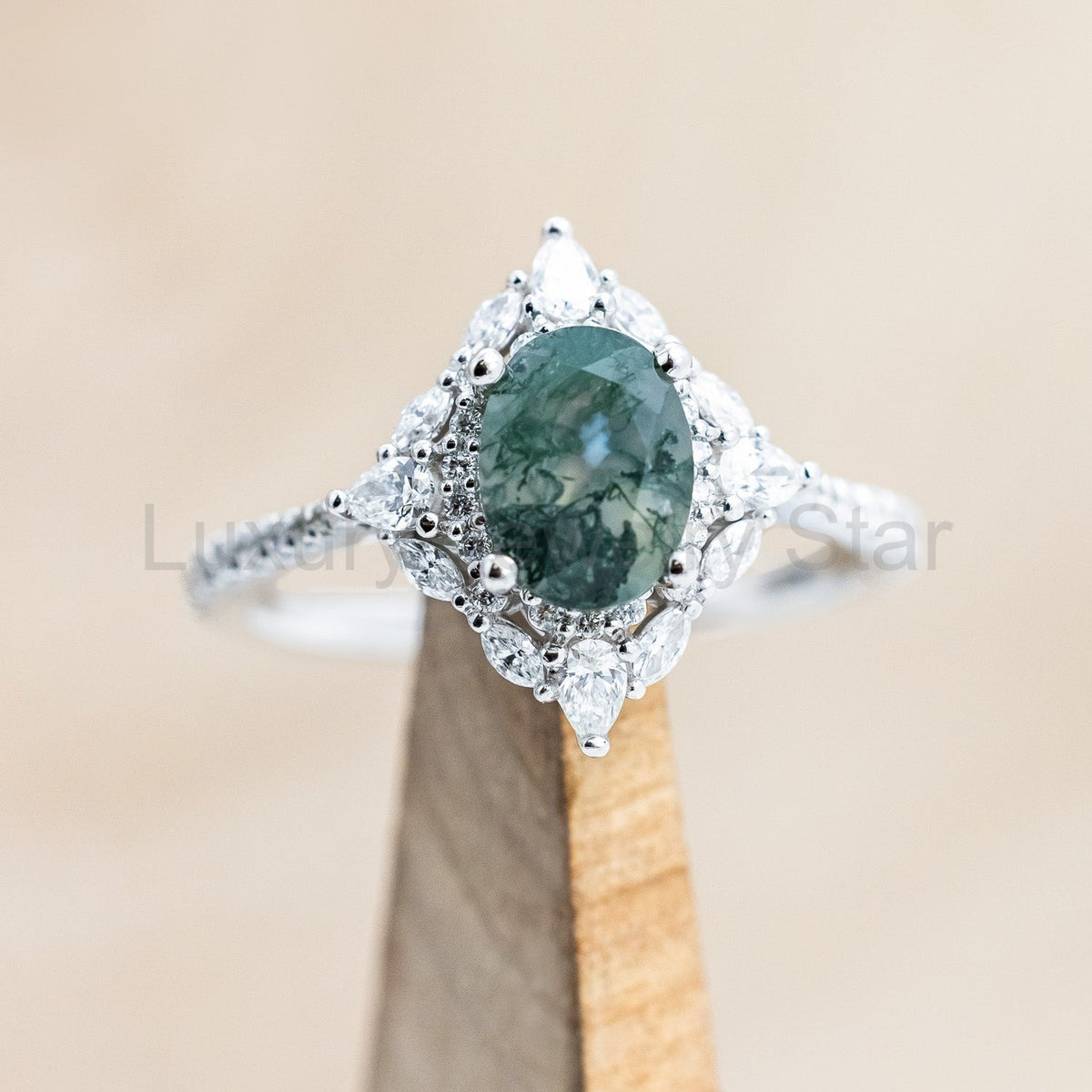 "North Star" - Oval Cut Moss Agate Engagement Ring With A Diamond Tracer - image 3