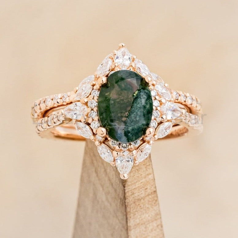 "North Star" - Oval Cut Moss Agate Engagement Ring With A Diamond Tracer - image 5