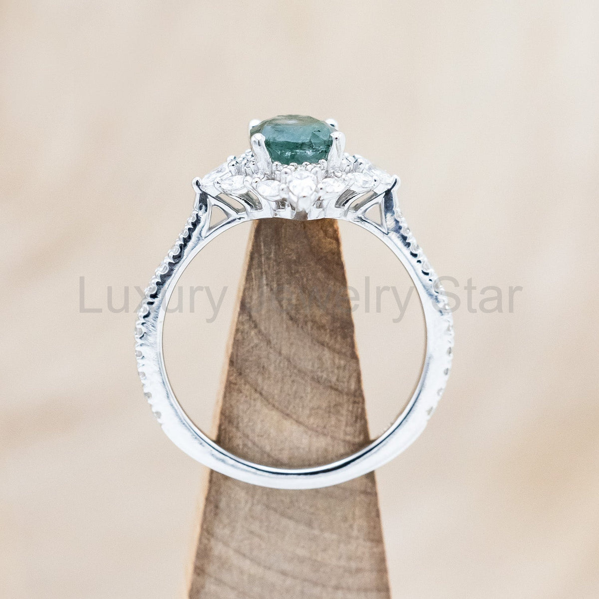 "North Star" - Oval Cut Moss Agate Engagement Ring With A Diamond Tracer - image 9