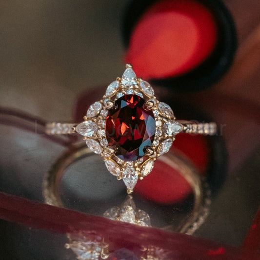 "North Star" - Oval Garnet Engagement Ring With Diamond Halo & Accents