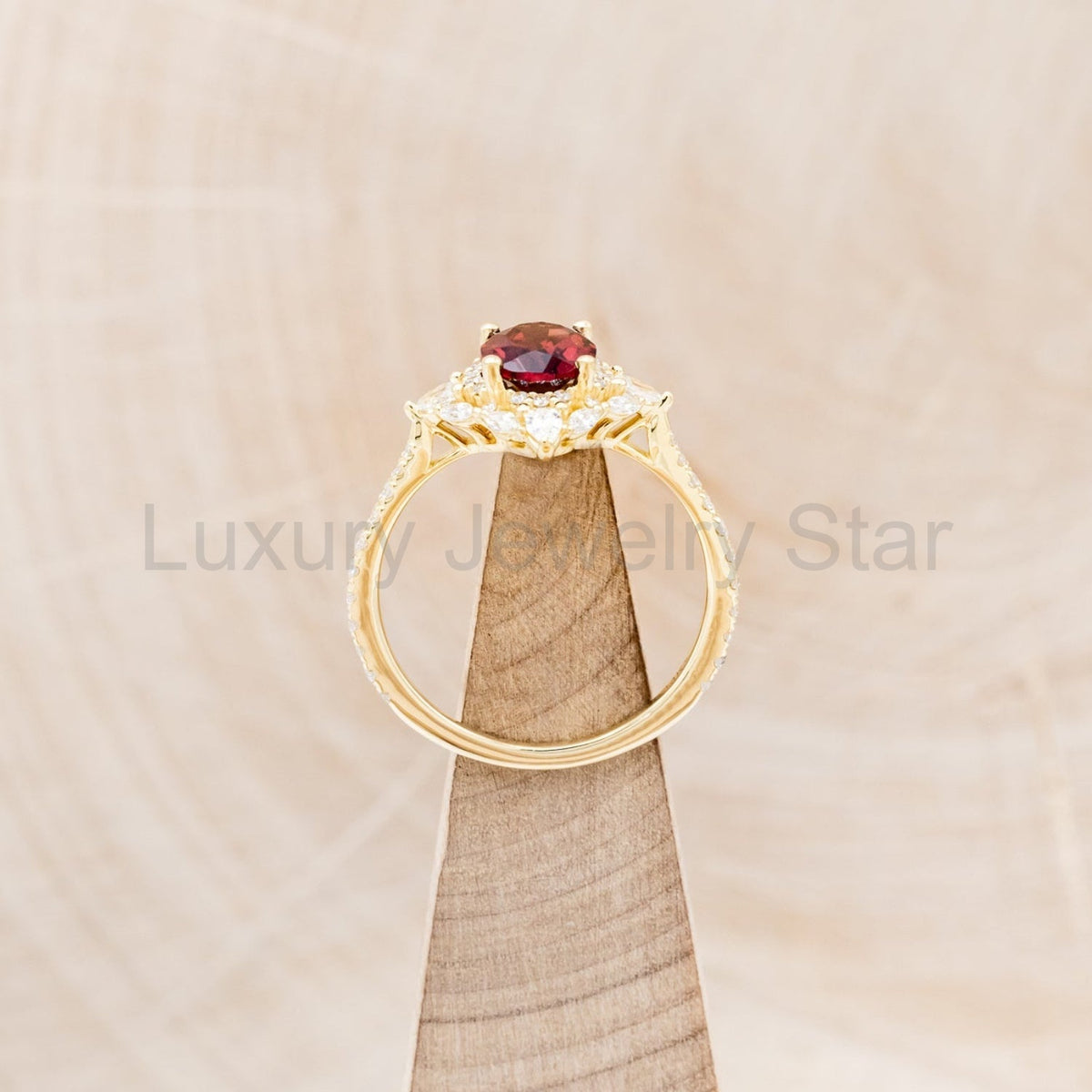 "North Star" - Oval Garnet Engagement Ring With Diamond Halo & Accents - image 14