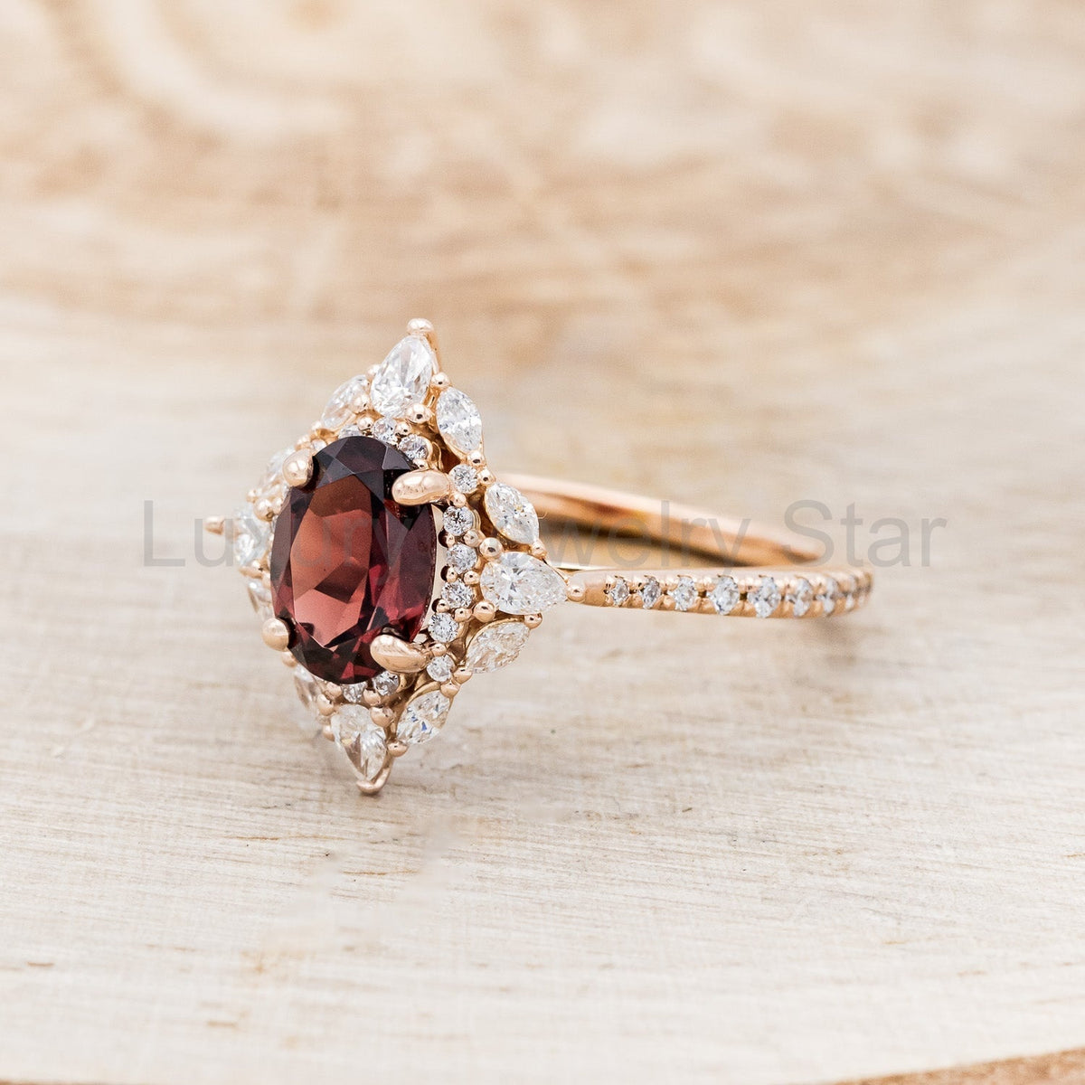 "North Star" - Oval Garnet Engagement Ring With Diamond Halo & Accents - image 18