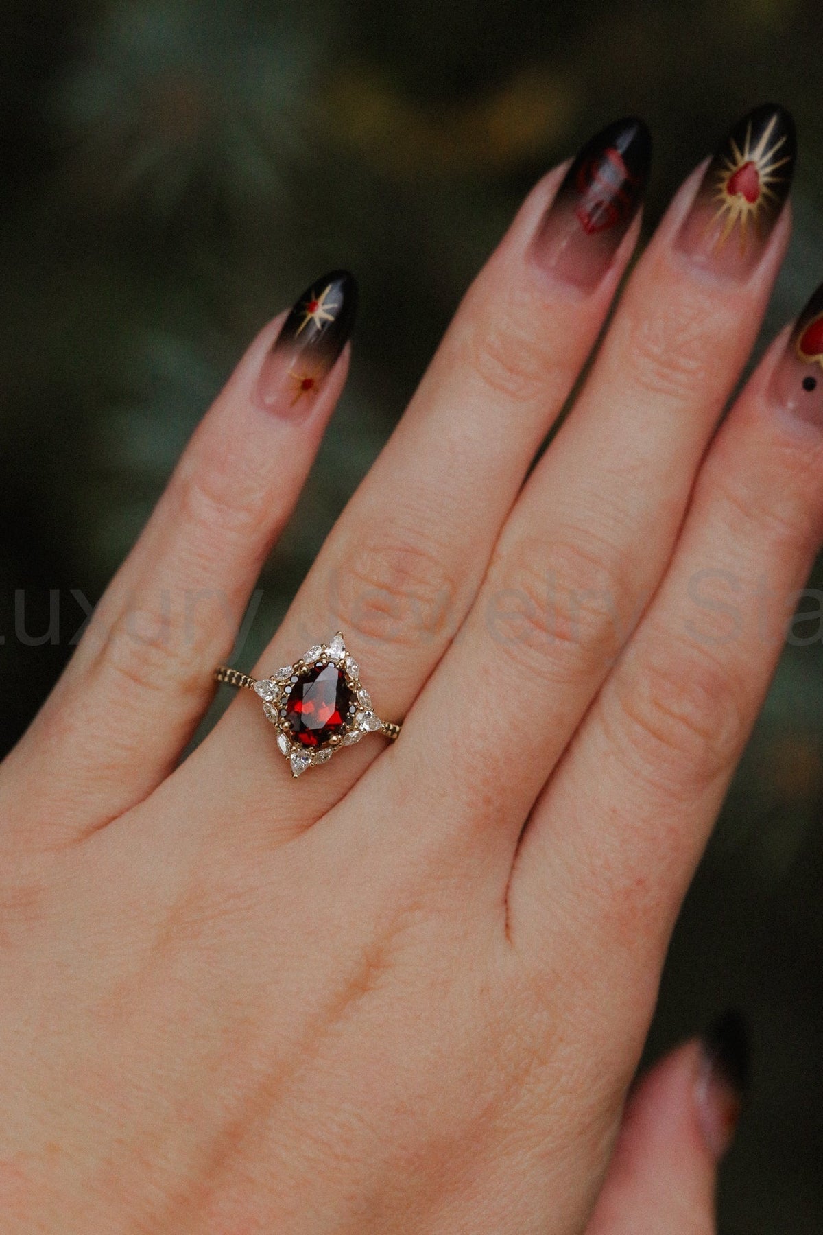 "North Star" - Oval Garnet Engagement Ring With Diamond Halo & Accents - image 2