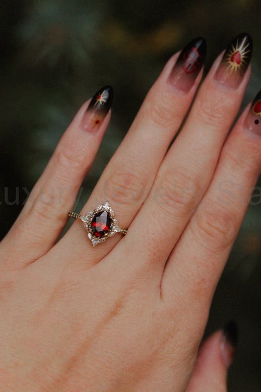 "North Star" - Oval Garnet Engagement Ring With Diamond Halo & Accents - image 2