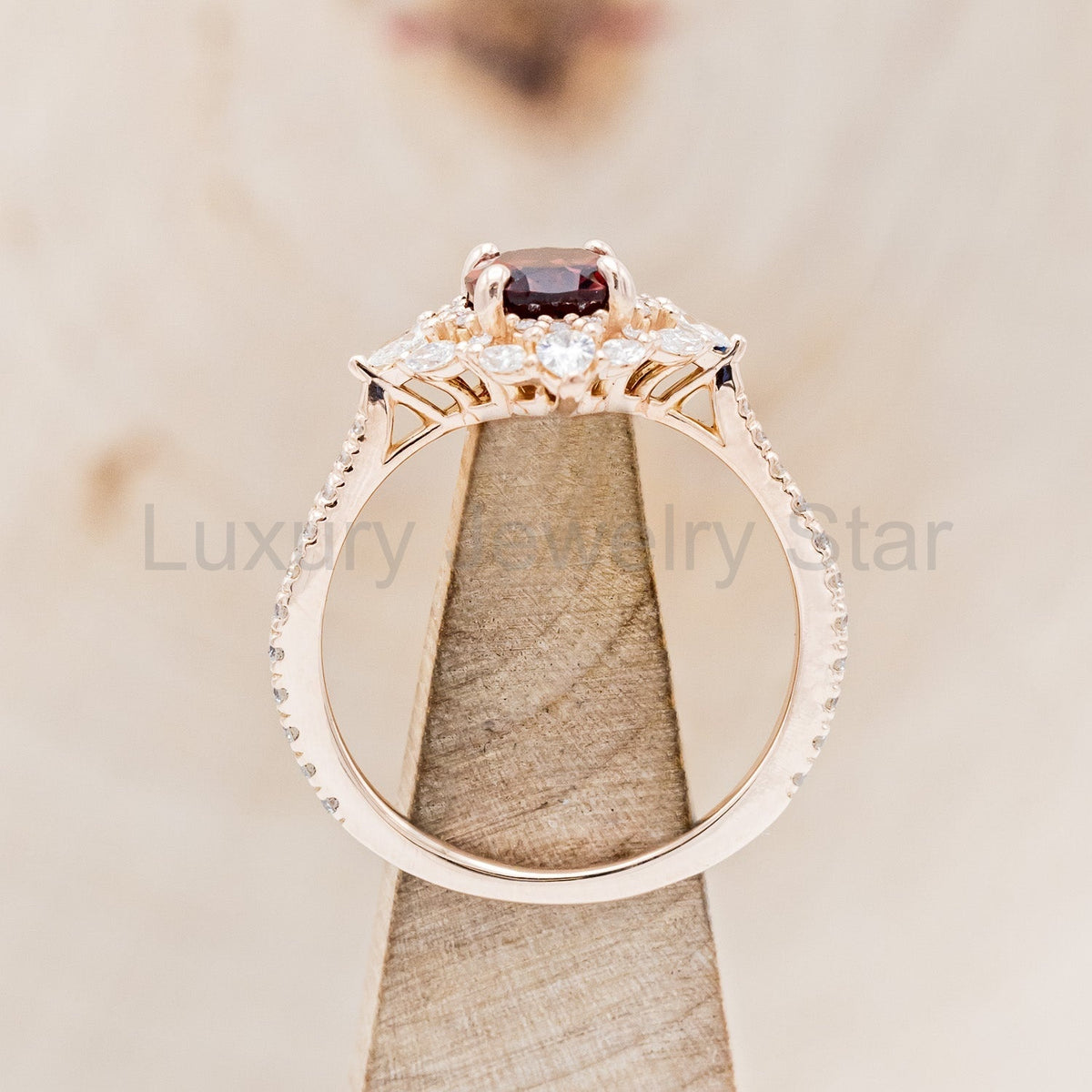 "North Star" - Oval Garnet Engagement Ring With Diamond Halo & Accents - image 21