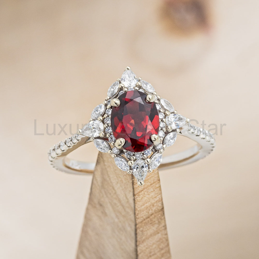 "North Star" - Oval Garnet Engagement Ring With Diamond Halo & Accents - image 22