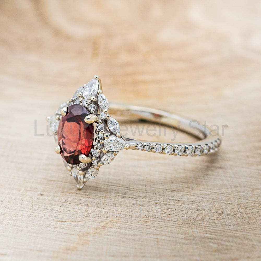 "North Star" - Oval Garnet Engagement Ring With Diamond Halo & Accents - image 25